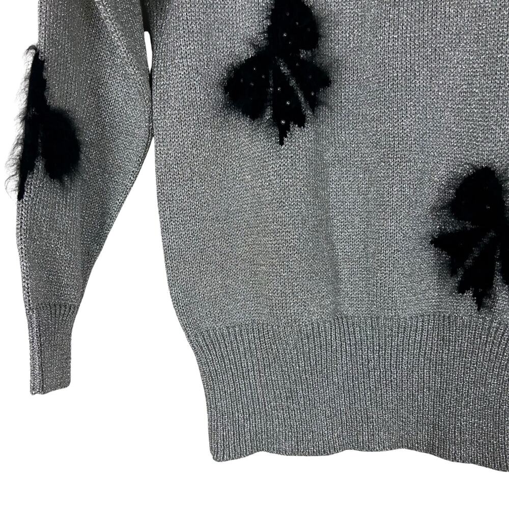 Vintage Smith St. John Metallic Lurex Holiday Sweater Bow Pearl Glam M - Picture 9 of 10